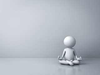 3d man doing meditation with empty white wall background