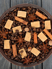 Coffee beans, sugar and spices