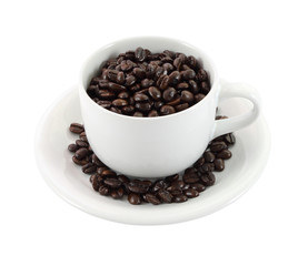 Cup of coffee beans on white background.