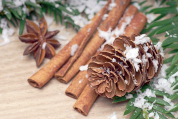 Tannenzapfen mit Zimtstangen und Schnee