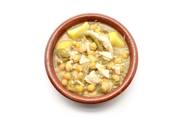 clay dish of stewed chickpeas with meat, beans and potatoes