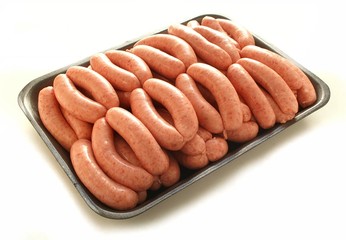 linked sausages on retail platter