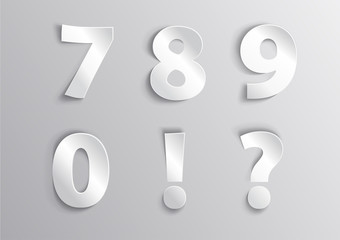 Alphabet white number letter with shadow 7, 8, 9, !, ?