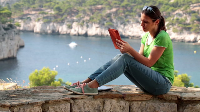 woman, tablet, looking, map, ipad, computer, hiking, walking, yo