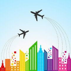 Fototapeta na wymiar Illustration of colorful cityscape scene with aeroplane