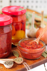 Fototapeta na wymiar Canning Marinara sauce, tomato preserves, copy space for your te
