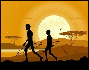 Africa landscape background. Hunter, animal silhouettes
