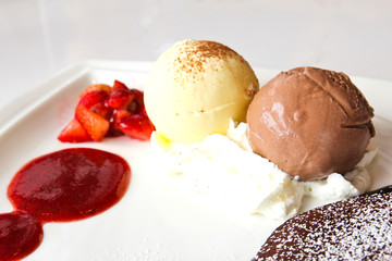 chocolate and vanilla ice cream close up