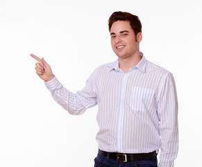 Attractive man pointing to his right