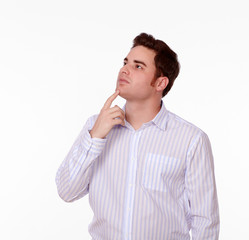 Pensive man on white shirt standing