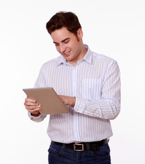 Caucasian man working on tablet pc
