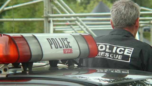 Police officer man in charge securing event, safety guard, duty