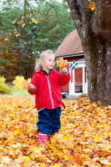 Kleines blondes Mädchen sammelt Herbstlaub