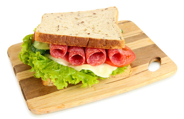 Tasty sandwich with salami sausage and vegetables