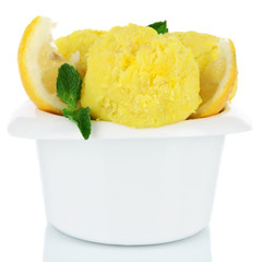 Tasty ice cream scoops in bowl, isolated on white
