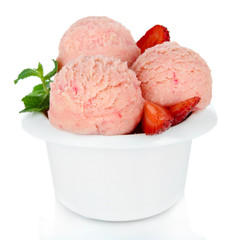 Tasty ice cream scoops in bowl, isolated on white