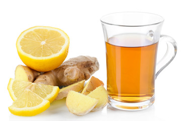 Cup of tea with ginger isolated on white