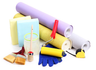 Naklejka premium Wallpaper and accessories for glue wallpaper, isolated on white