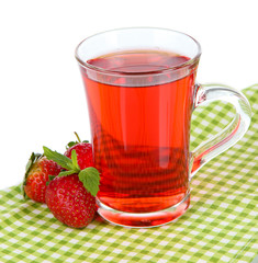 Delicious strawberry tea on table on white background