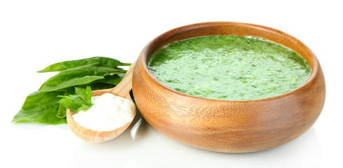 Tasty spinach soup, isolated on white