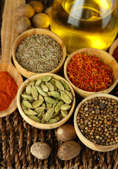 Many different spices and fragrant herbs