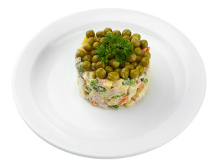 Russian traditional salad Olivier, isolated on white