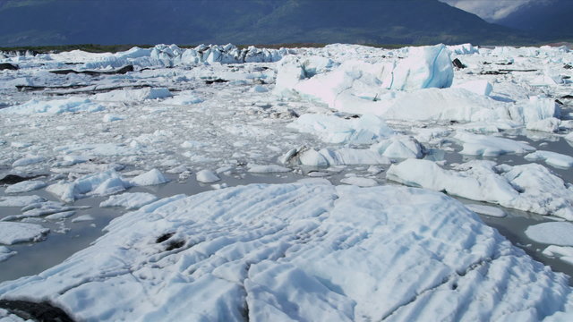 Aerial view Knik Glacier ice flows Knik River Alaska, USA