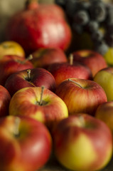 autumn grape, apple, pomegranate fruits on wool sack