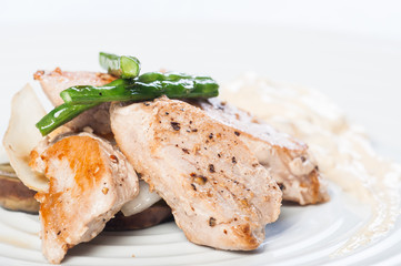 pan fried tuna on vegetable and mushroom sauce