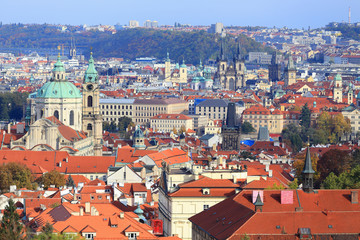 Fototapeta na wymiar Colorful autumn Prague City with its Towers, Czech Republic