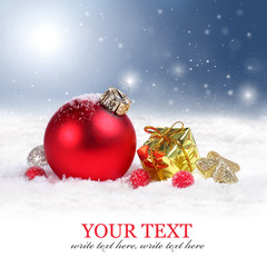 Christmas background with red ornament and snowflakes
