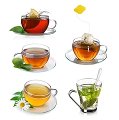 Papier Peint photo Lavable Theé Tea collage with glass cups of tea