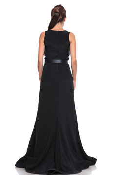 bacl view of a woman in a black gown