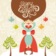 Merry Christmas greeting card with beautiful lady