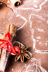 Christmas Gingerbread background dough, cookie spices cinnamon a