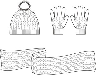 Vector illustration of knitted cap, gloves, scarf