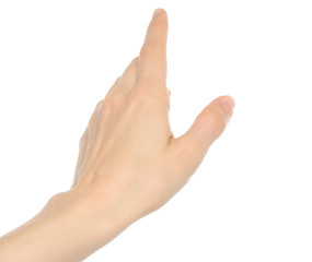 Indicating woman hand on white background .