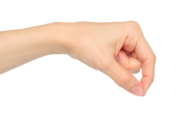 Woman hand on white background.