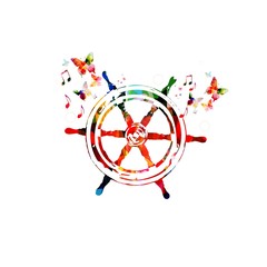Obraz premium Colorful vector ship steering wheel background with butterflies