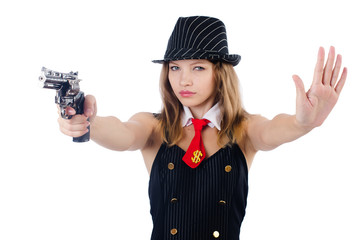 Woman with gun isolated on white