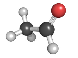 Acetaldehyde (ethanal) molecule, chemical structure. Acetaldehyd