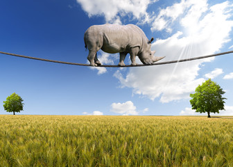 Obraz premium Rhino Walking on Rope