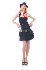 Woman with gun isolated on white