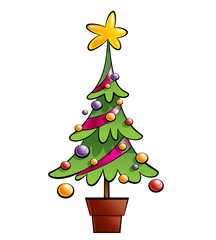 Christmas colorful pine tree decorated with ornaments and a big