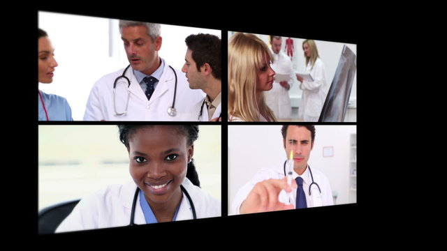 Several different short clips showing doctors