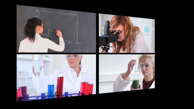 Several different short clips showing lab assistants