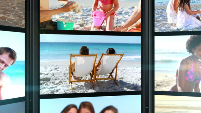 Several short clips showing people on the beach