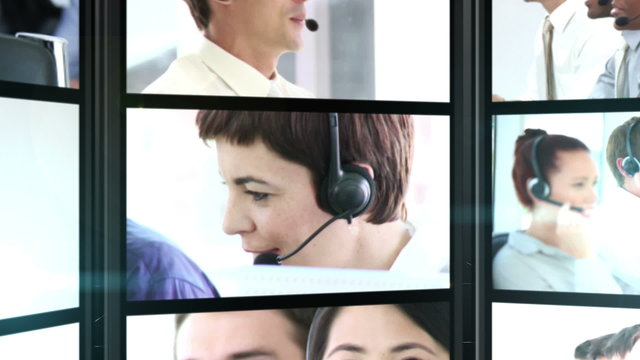 Several short clips showing call center employees