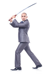 Businessman with sword isolated on white