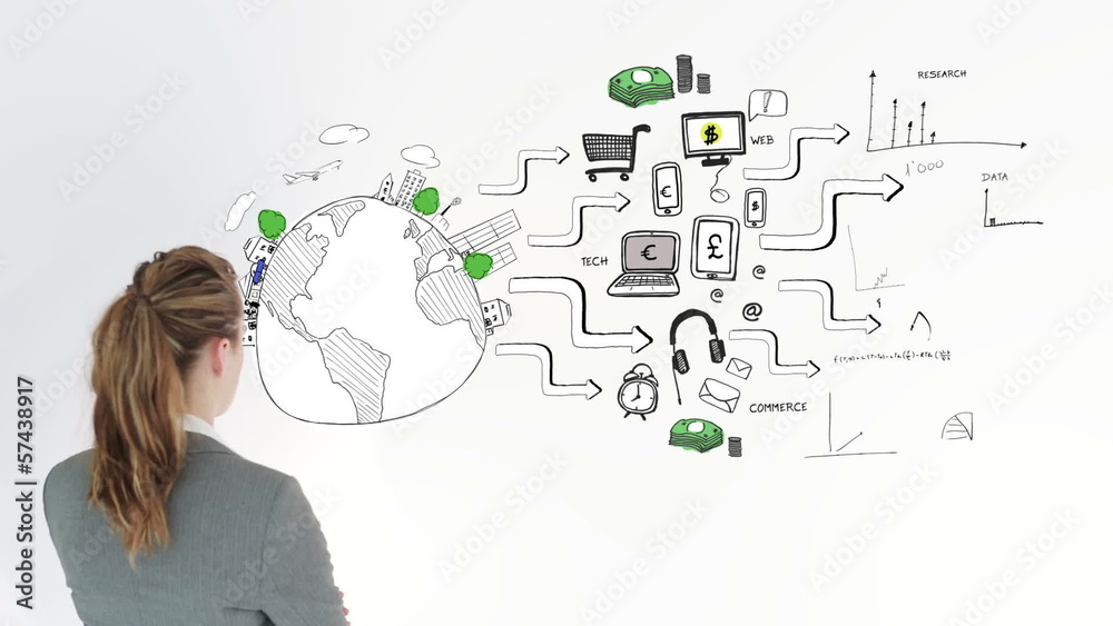 Poster animation of graphics showing consumer behavior and a woman